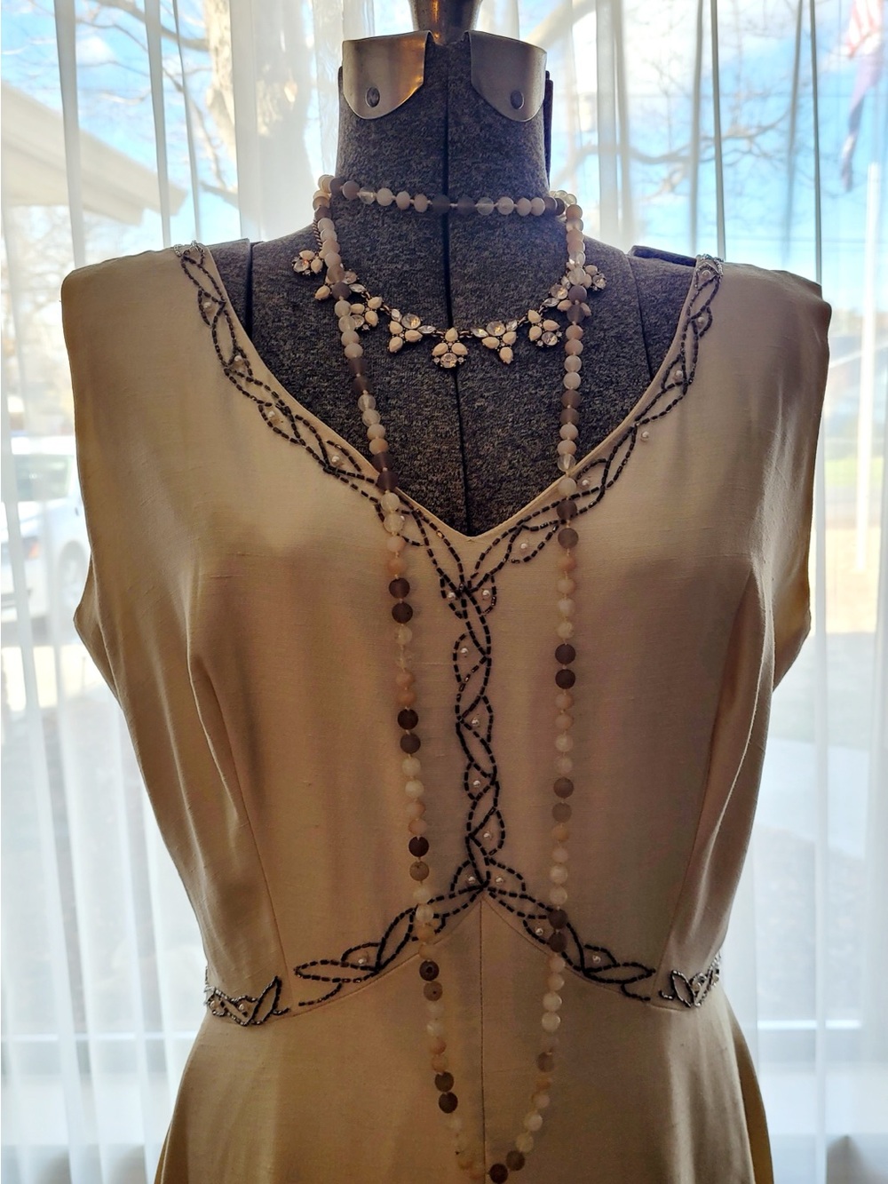 Vintage Cream Beaded V-Neck Dress with Brown Embroidery beading - Picture 3 of 7